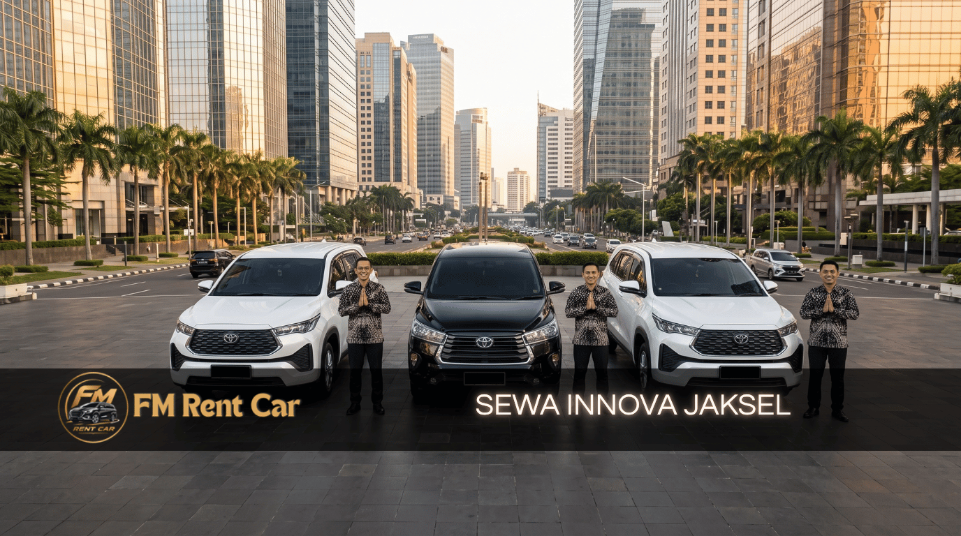 Sewa Innova Jaksel bersama FM Rent Car – Armada Innova Reborn hitam dan Zenix putih di kawasan SCBD, Jakarta Selatan, dengan supir batik memberi salam namaste