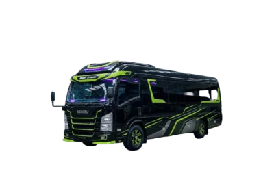 Isuzu Long Elf hitam strip kuning tampak serong depan dan samping untuk layanan sewa Elf Jakarta dengan driver profesional