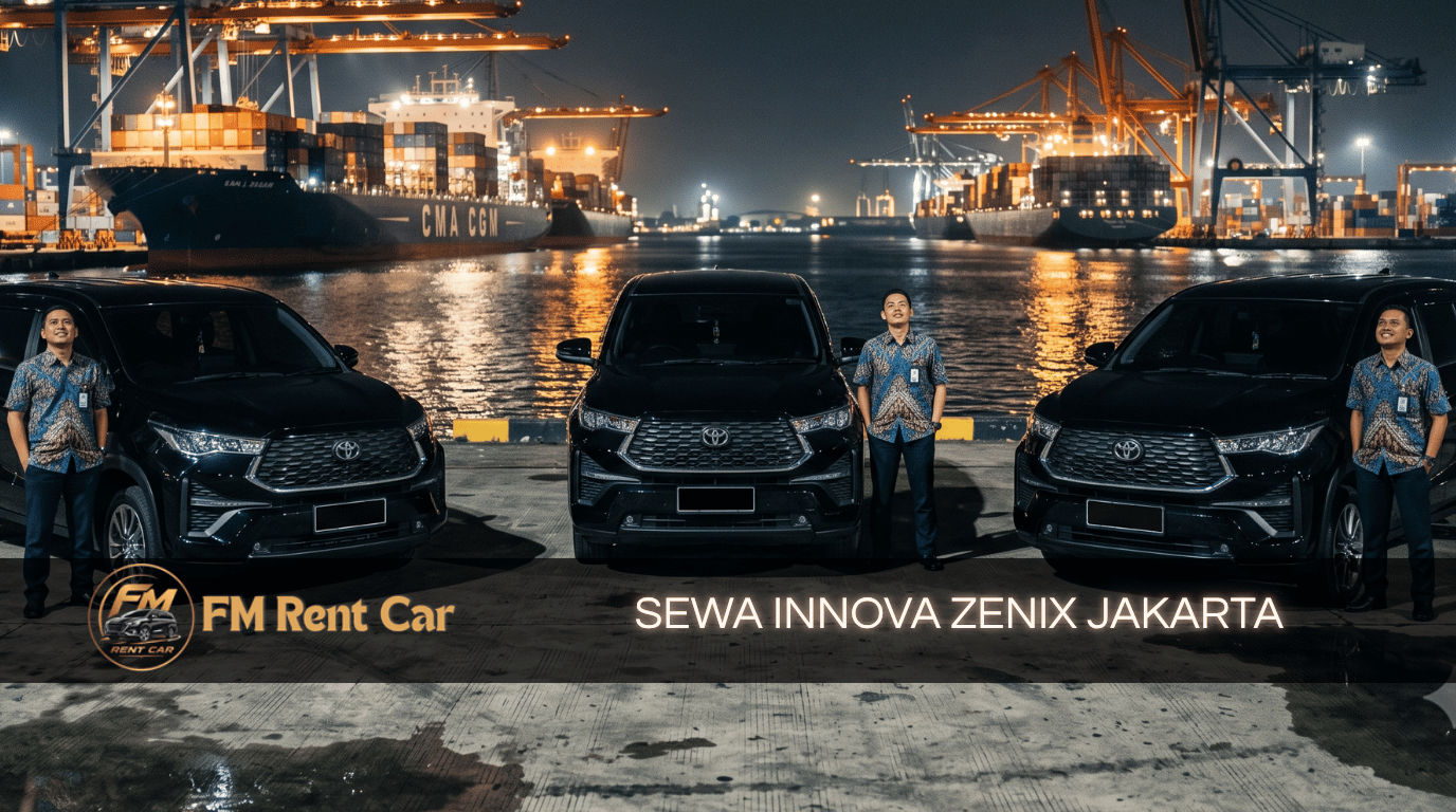 Sewa Innova Zenix Jakarta bersama FM Rent Car – Tiga unit Zenix hitam dengan supir profesional di Pelabuhan Tanjung Priok malam hari, siap melayani perjalanan bisnis dan keluarga